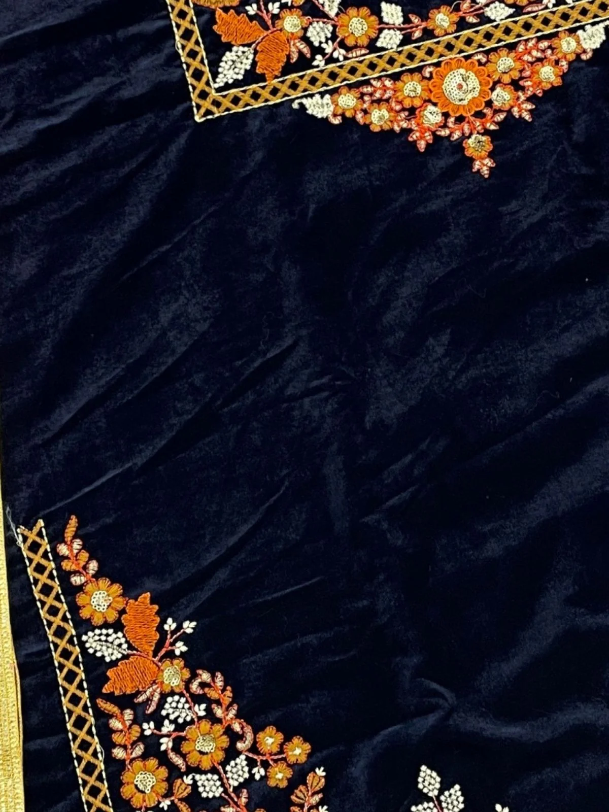 Odette Dark Blue Velvet Embroidered Semi-Sitched Kurta Set For Women - Image 3