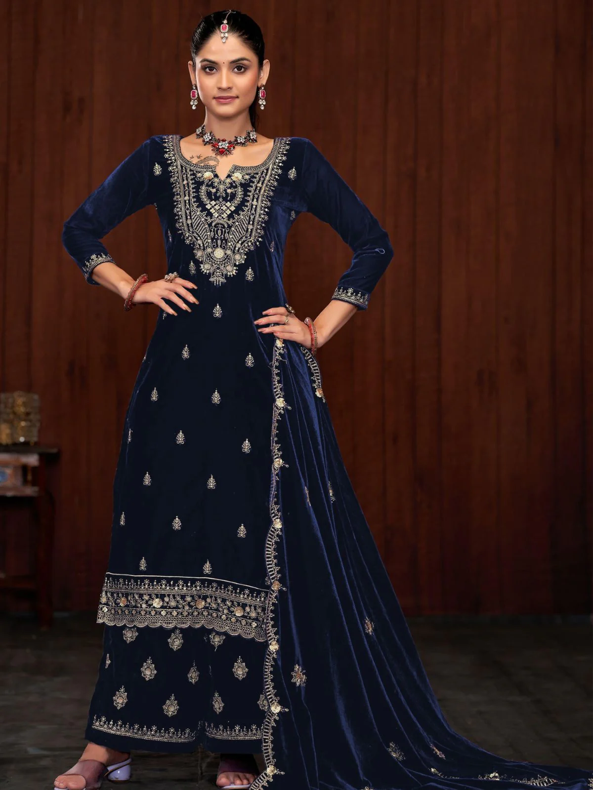 Odette Dark Blue Velvet Embroidered Semi-Stitched Kurta Set For Women