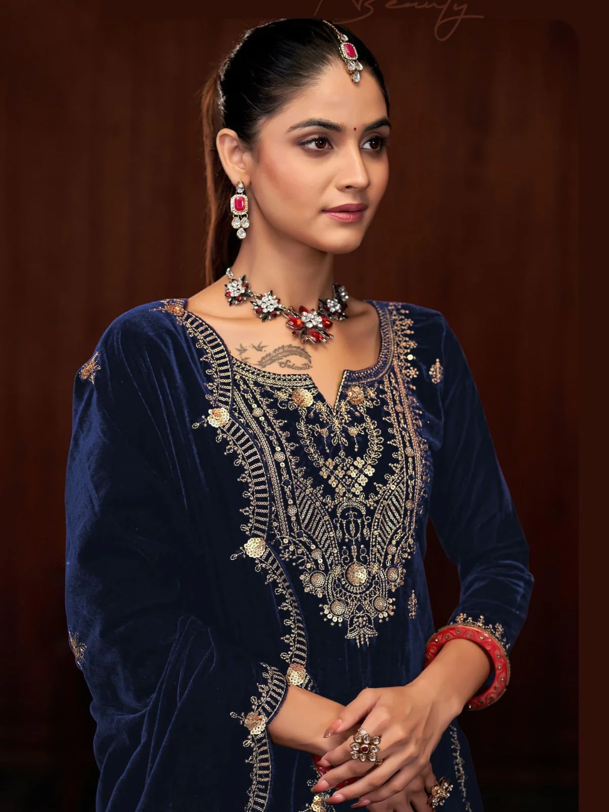 Odette Dark Blue Velvet Embroidered Semi-Stitched Kurta Set For Women - Image 2