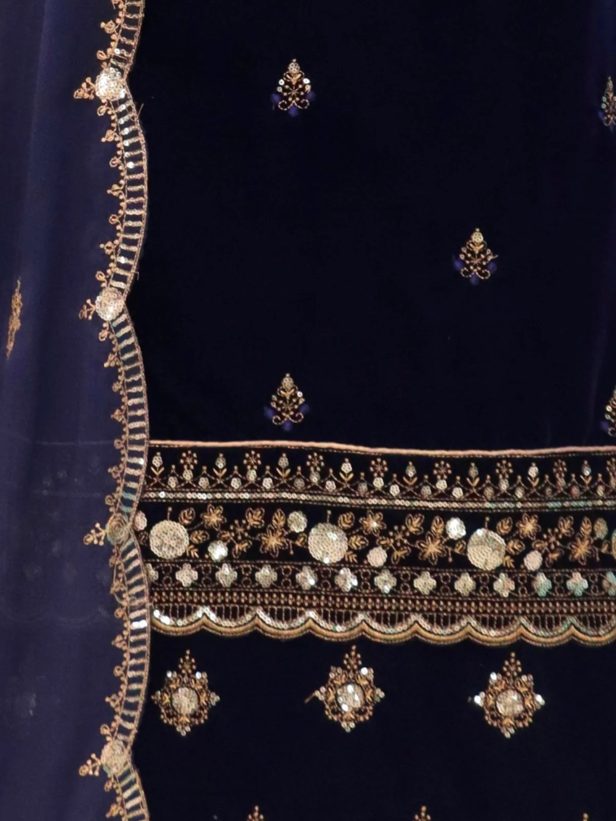 Odette Dark Blue Velvet Embroidered Semi-Stitched Kurta Set For Women - Image 3