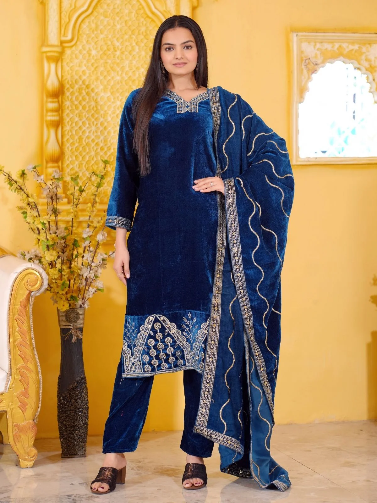 Odette Dark Blue Velvet Embroidered Stitched Kurta Set For Women