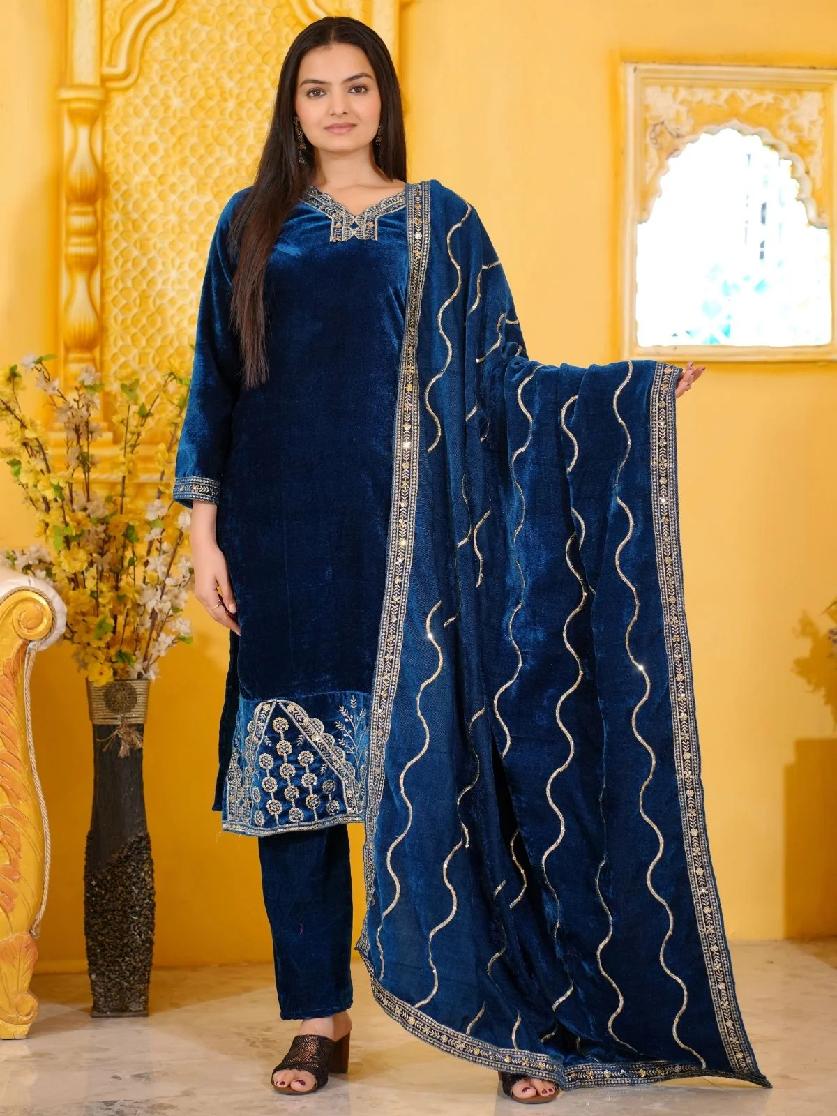 Odette Dark Blue Velvet Embroidered Stitched Kurta Set For Women - Image 2
