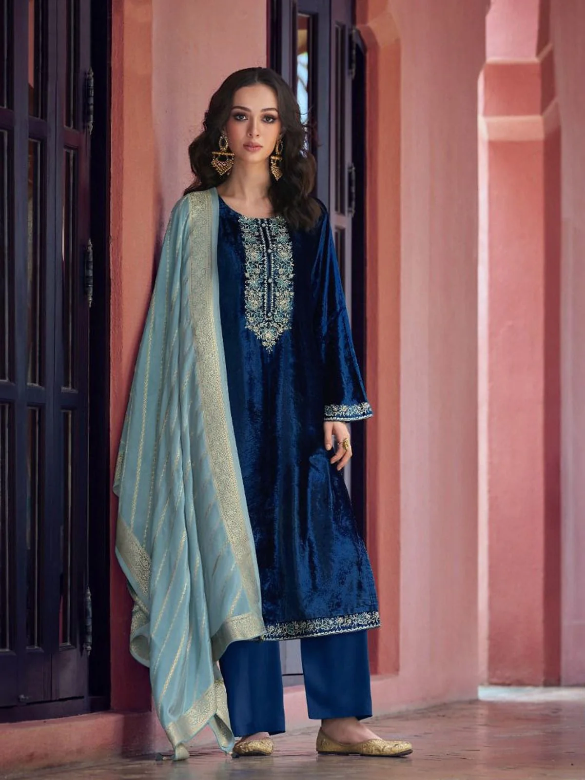 Odette Dark Blue Velvet Embroidery Semi-Stitched Kurta Set For Women