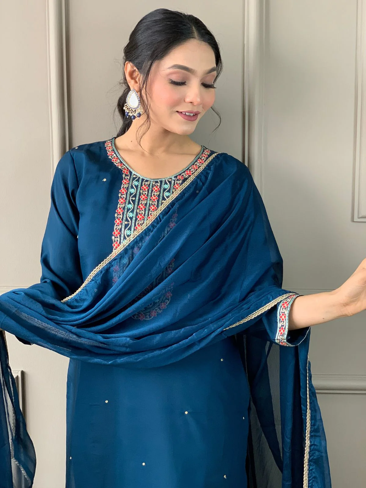 Odette Dark Blue Viscose Embroidered Stitched Kurta Set For Women - Image 2