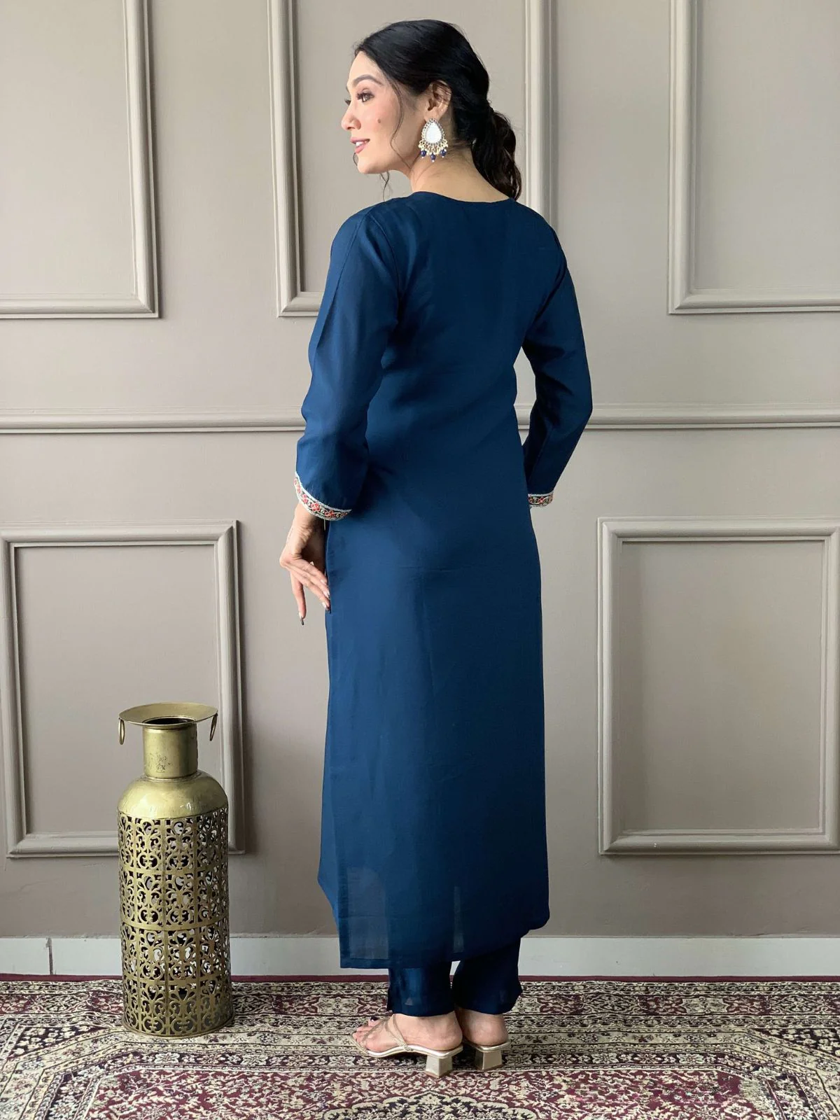Odette Dark Blue Viscose Embroidered Stitched Kurta Set For Women - Image 3