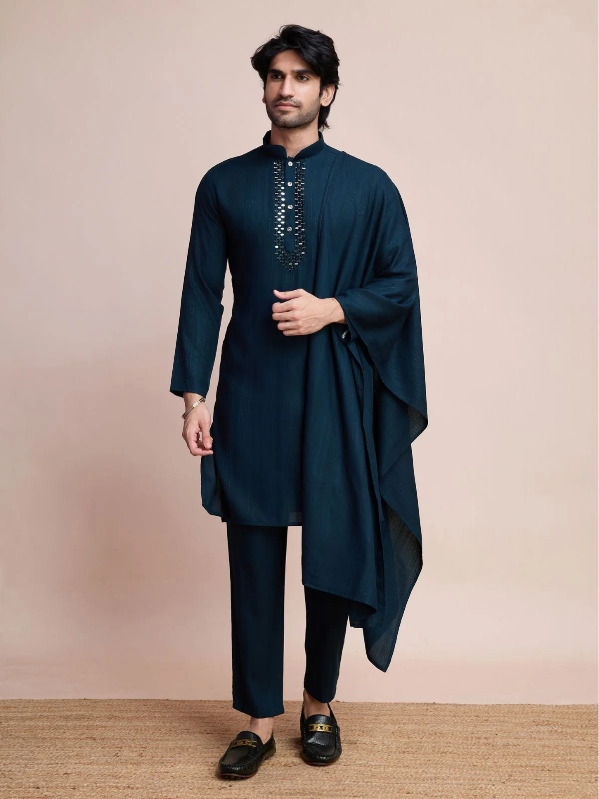 Odette Dark Blue Viscose Rayon Mirror Work Stitched Kurta Set For Men - Image 2
