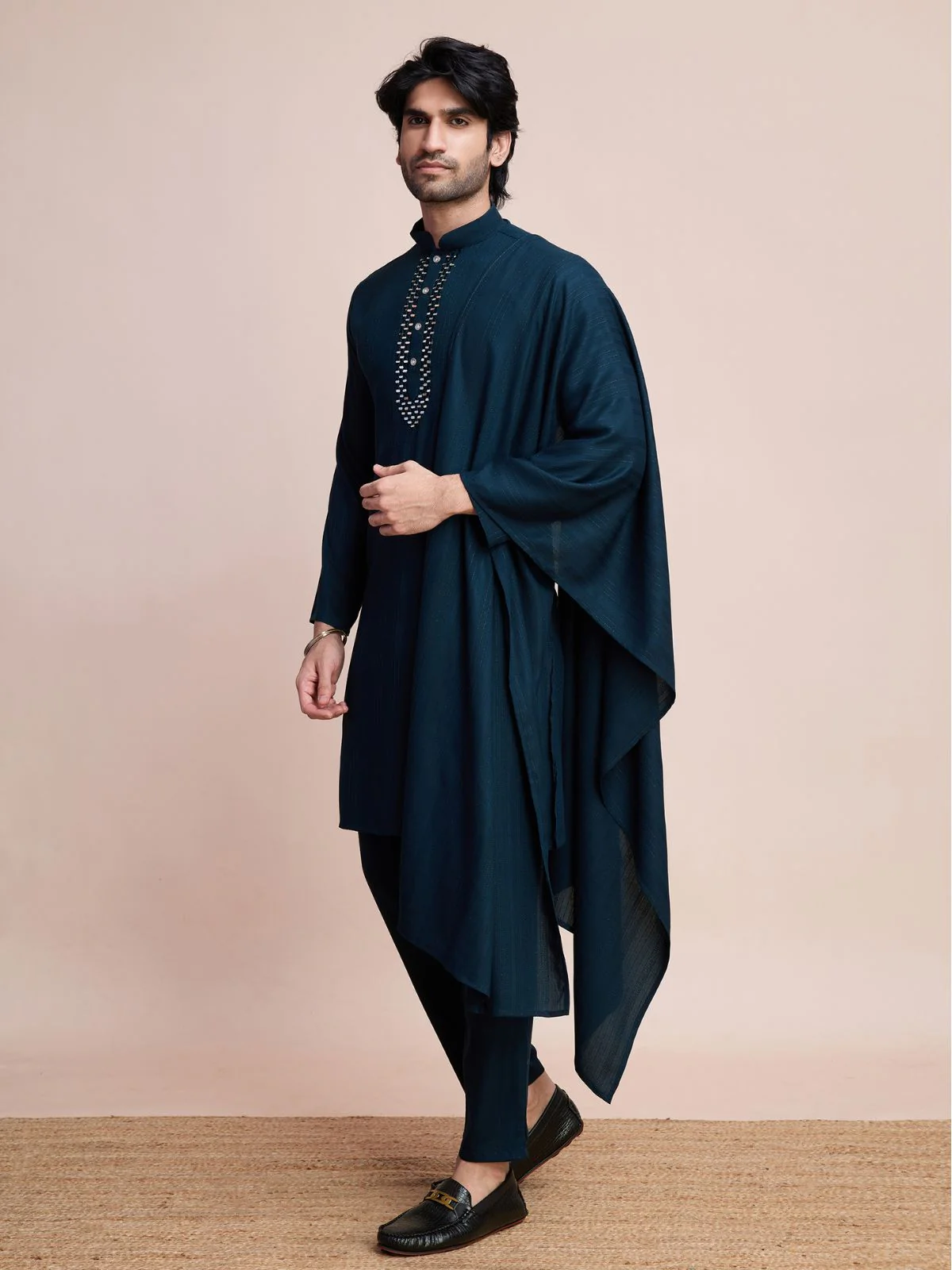 Odette Dark Blue Viscose Rayon Mirror Work Stitched Kurta Set For Men - Image 3