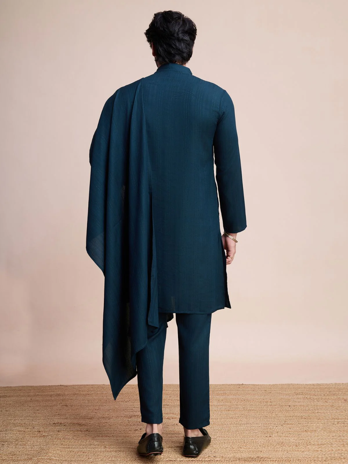 Odette Dark Blue Viscose Rayon Mirror Work Stitched Kurta Set For Men - Image 4