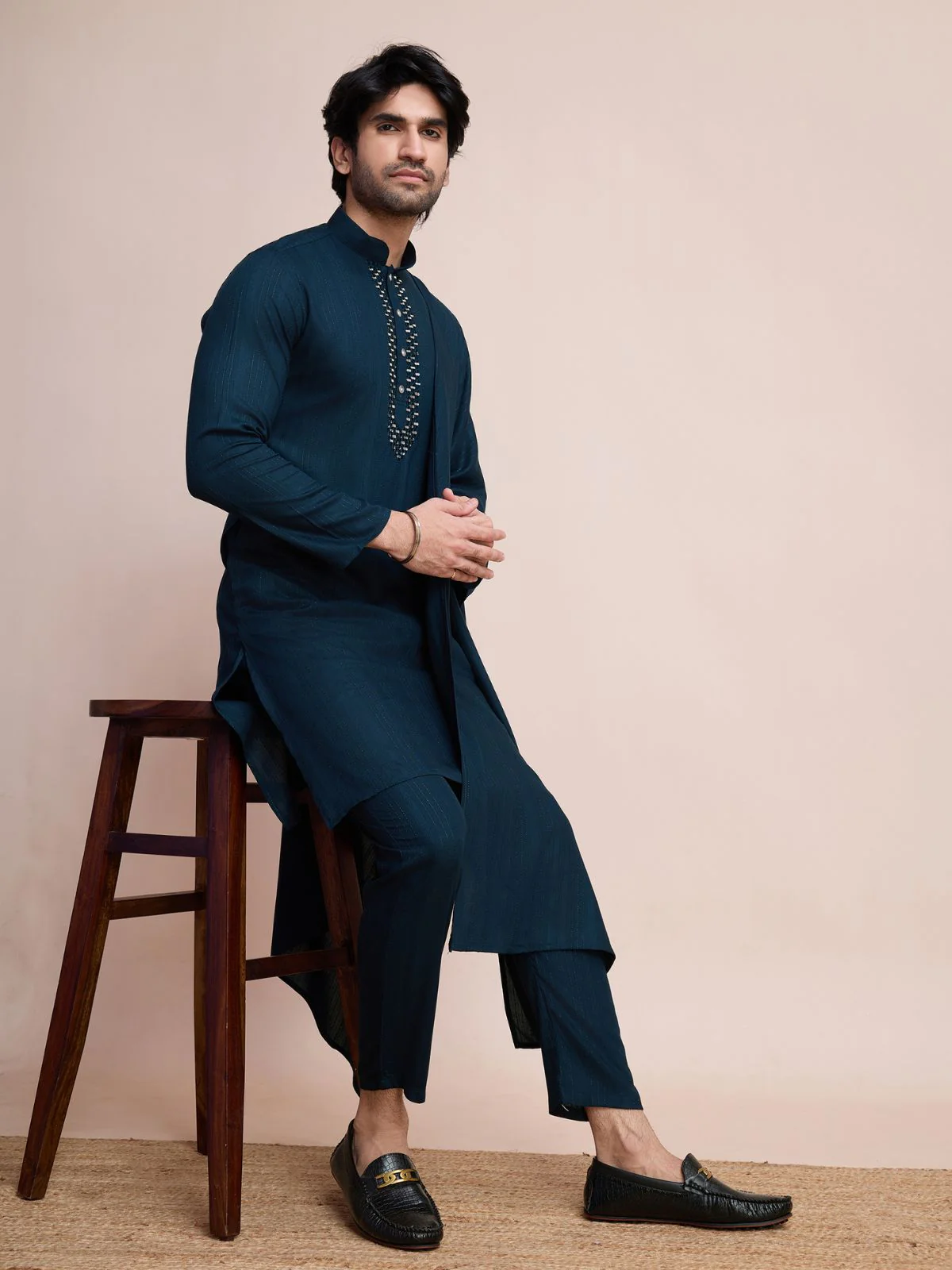 Odette Dark Blue Viscose Rayon Mirror Work Stitched Kurta Set For Men - Image 5