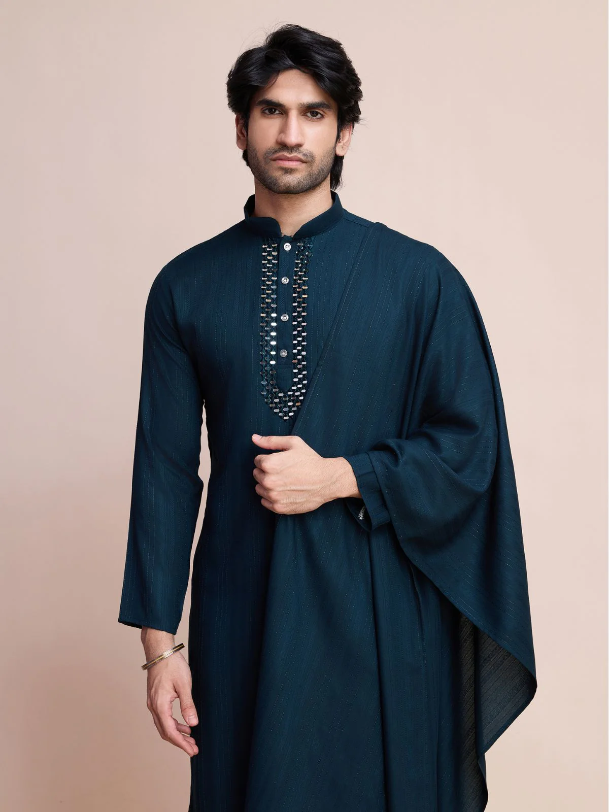 Odette Dark Blue Viscose Rayon Mirror Work Stitched Kurta Set For Men - Image 6