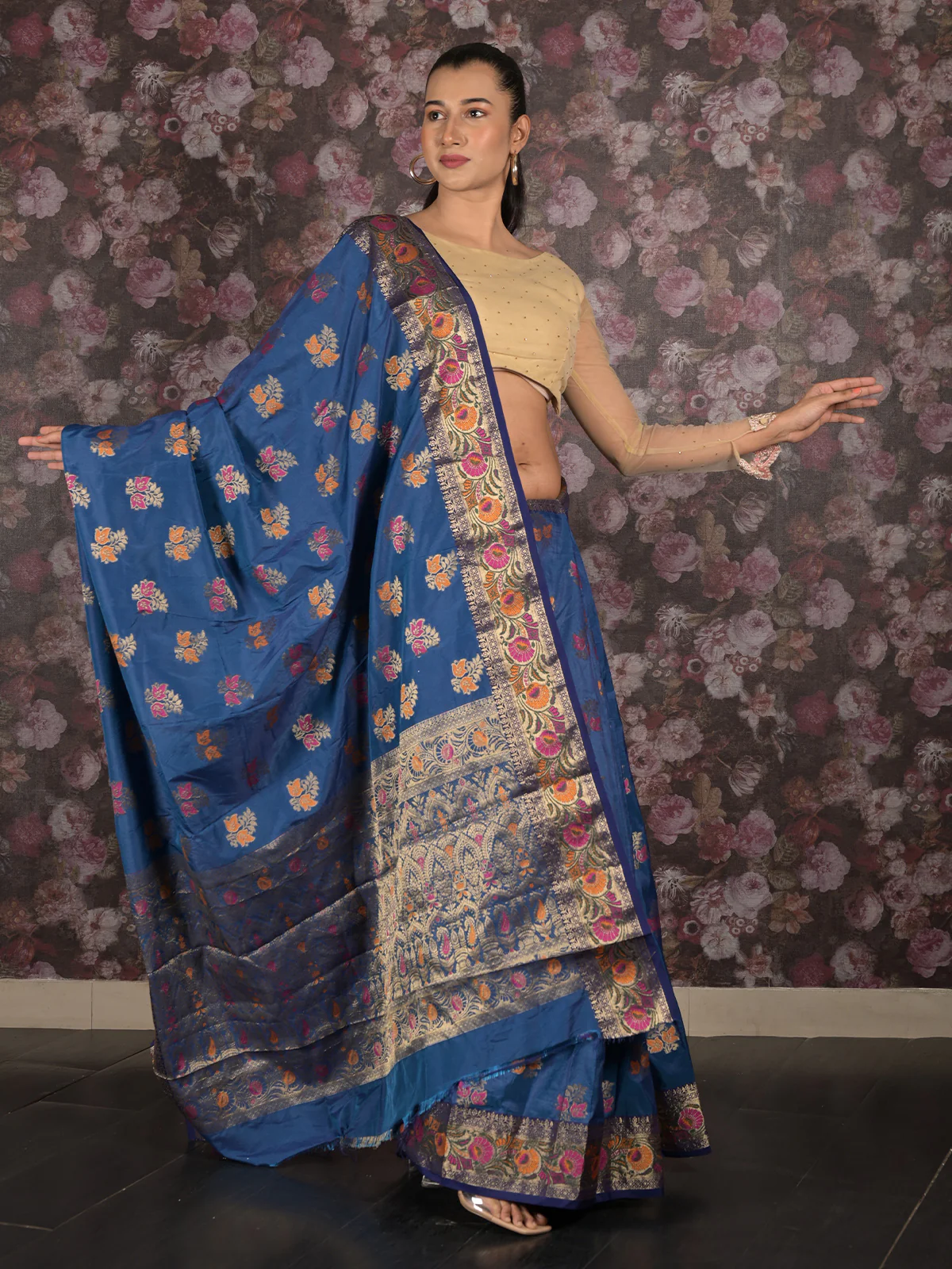 Odette Dark Blue Woven Silk Blend Saree With Unstitched Blouse For Women - Image 3