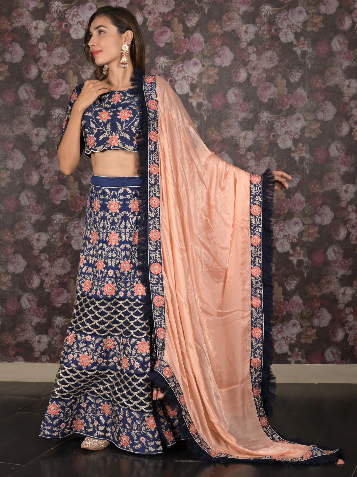 Odette Dark Blue Zari Embroidered Silk Blend Semi-Stitched Lehenga with Stitched Blouse for Women - Image 3