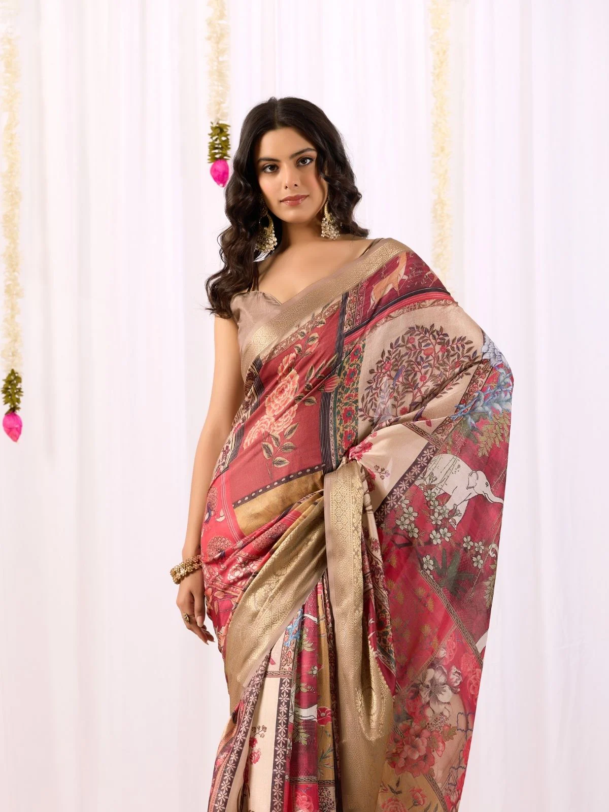 Odette Dark Cream Silk Blend Printed Saree For Women - Image 4
