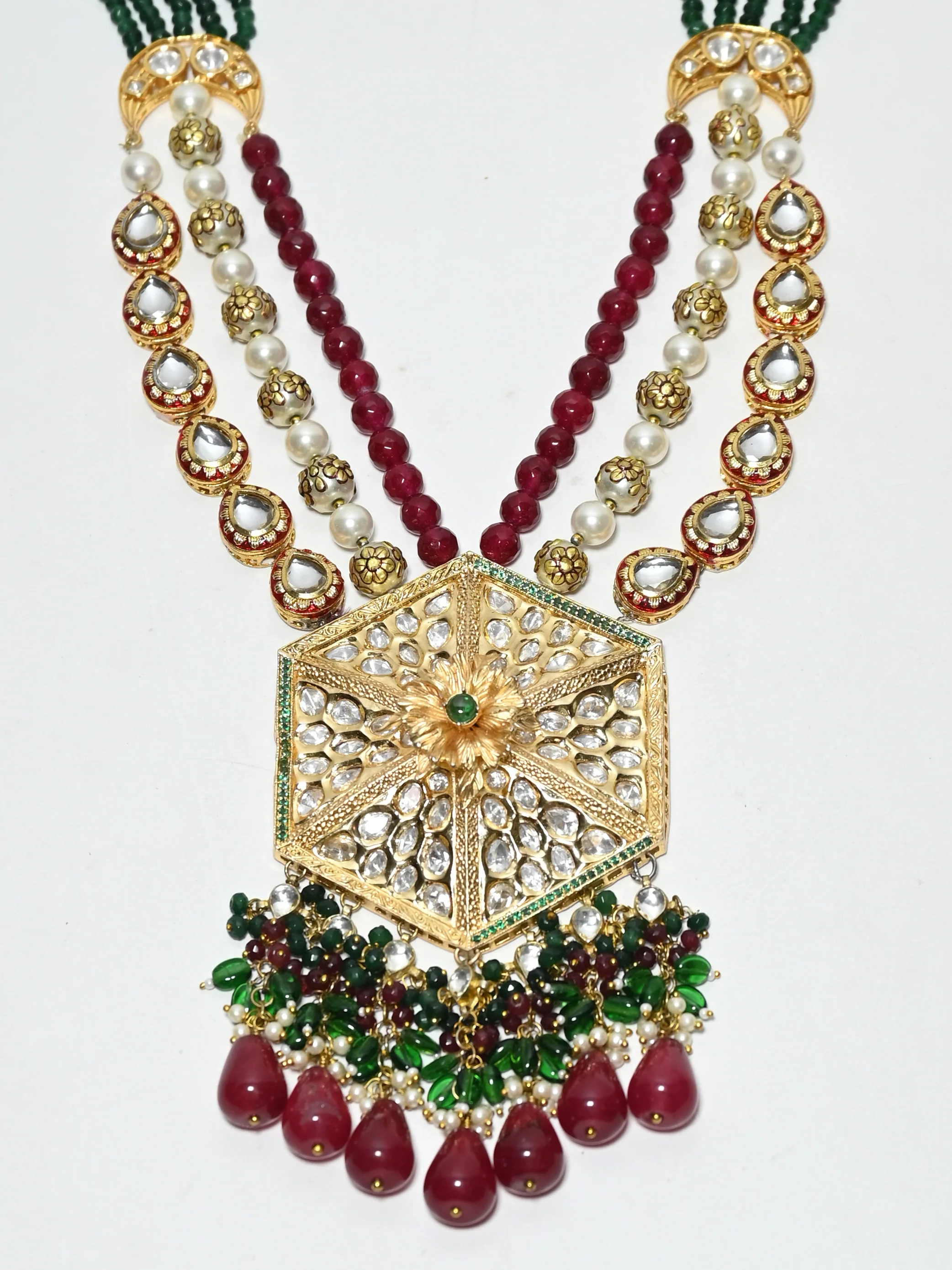 Odette Dark Green And Maroon Pearl And Stone Jewellery Set For Women - Image 5