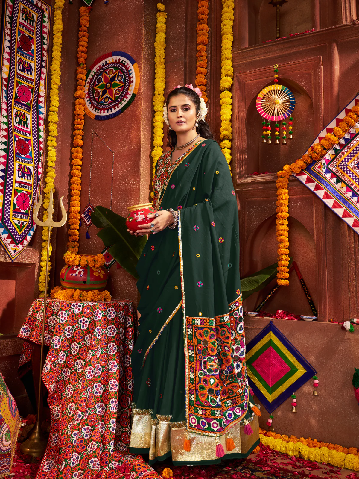 Odette Dark Green Cotton Blend Embroidered Semi-Stitched Lehenga For Women - Image 2