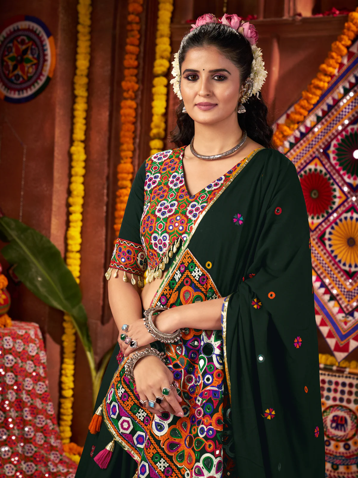 Odette Dark Green Cotton Blend Embroidered Semi-Stitched Lehenga For Women - Image 3