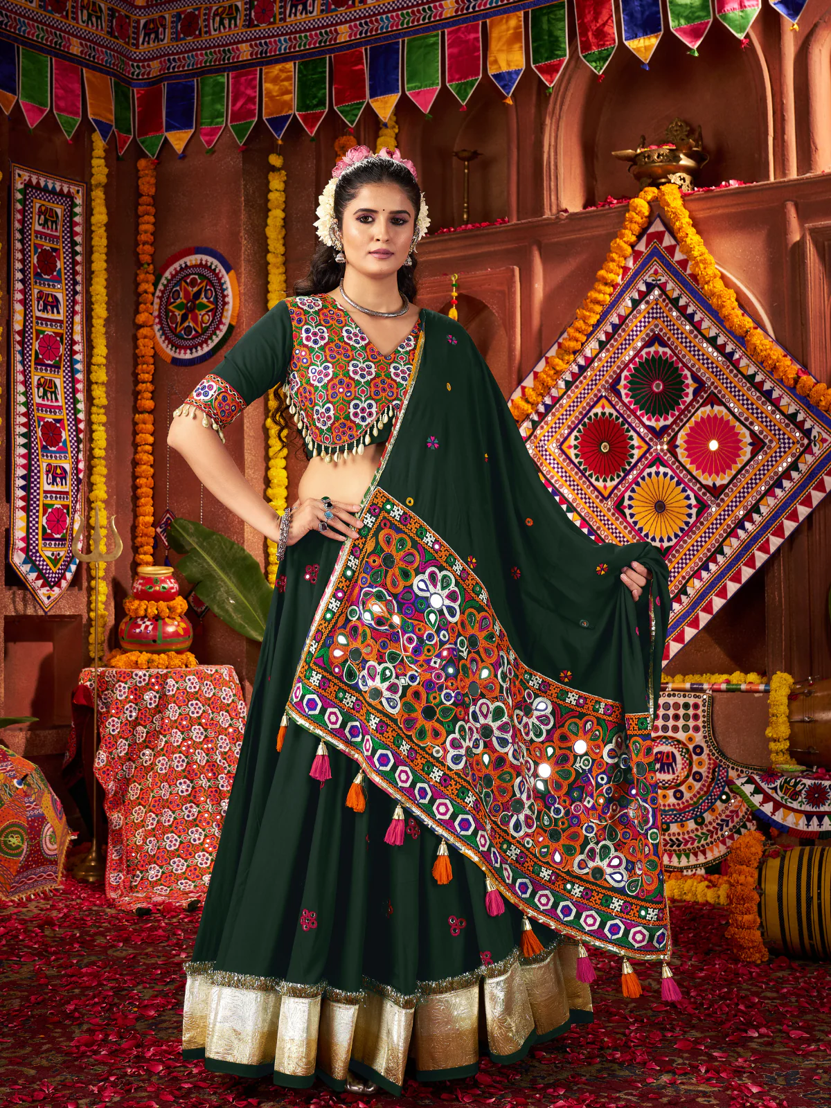 Odette Dark Green Cotton Blend Embroidered Semi-Stitched Lehenga For Women - Image 5