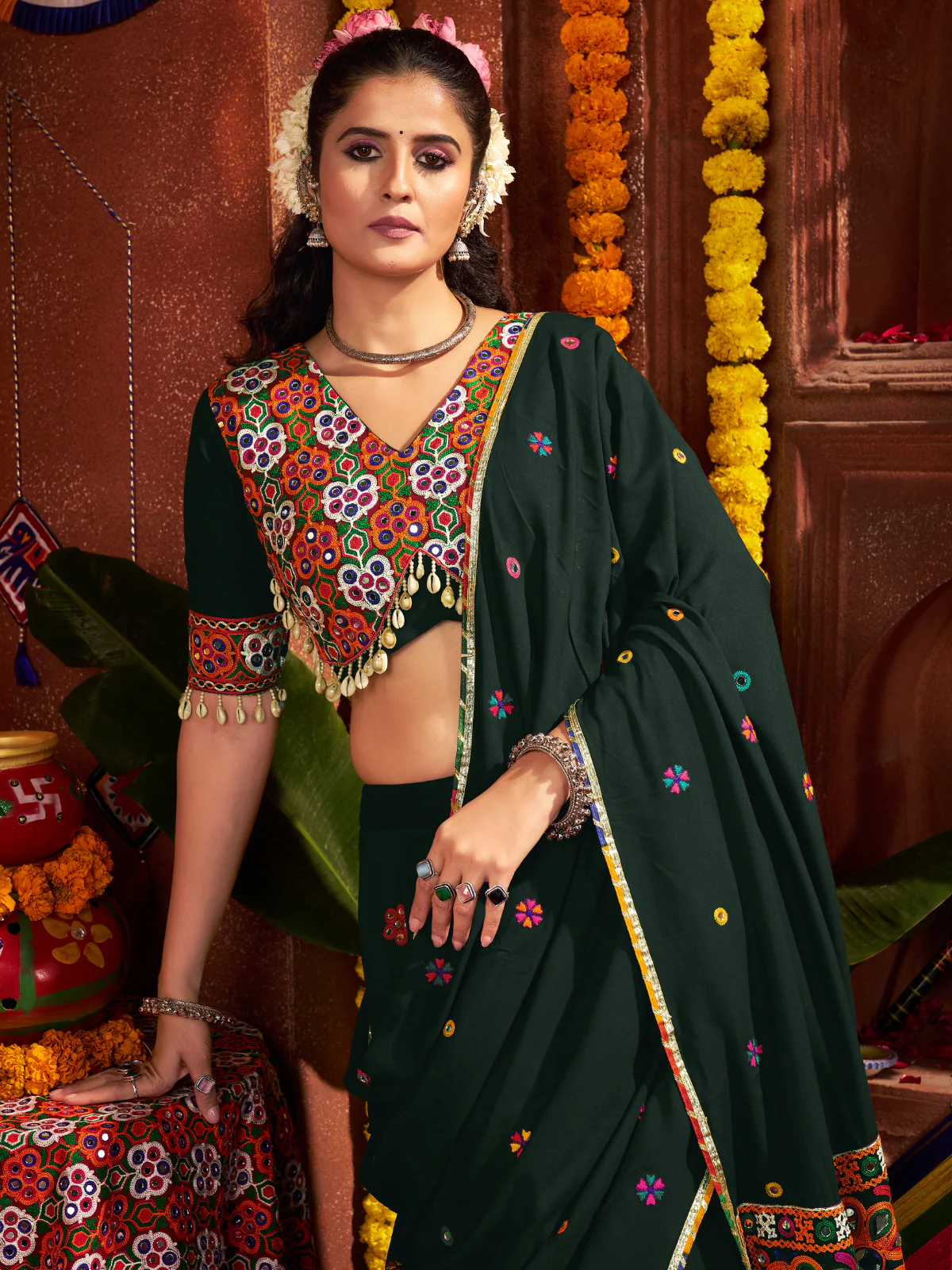Odette Dark Green Cotton Blend Embroidered Semi-Stitched Lehenga For Women - Image 6