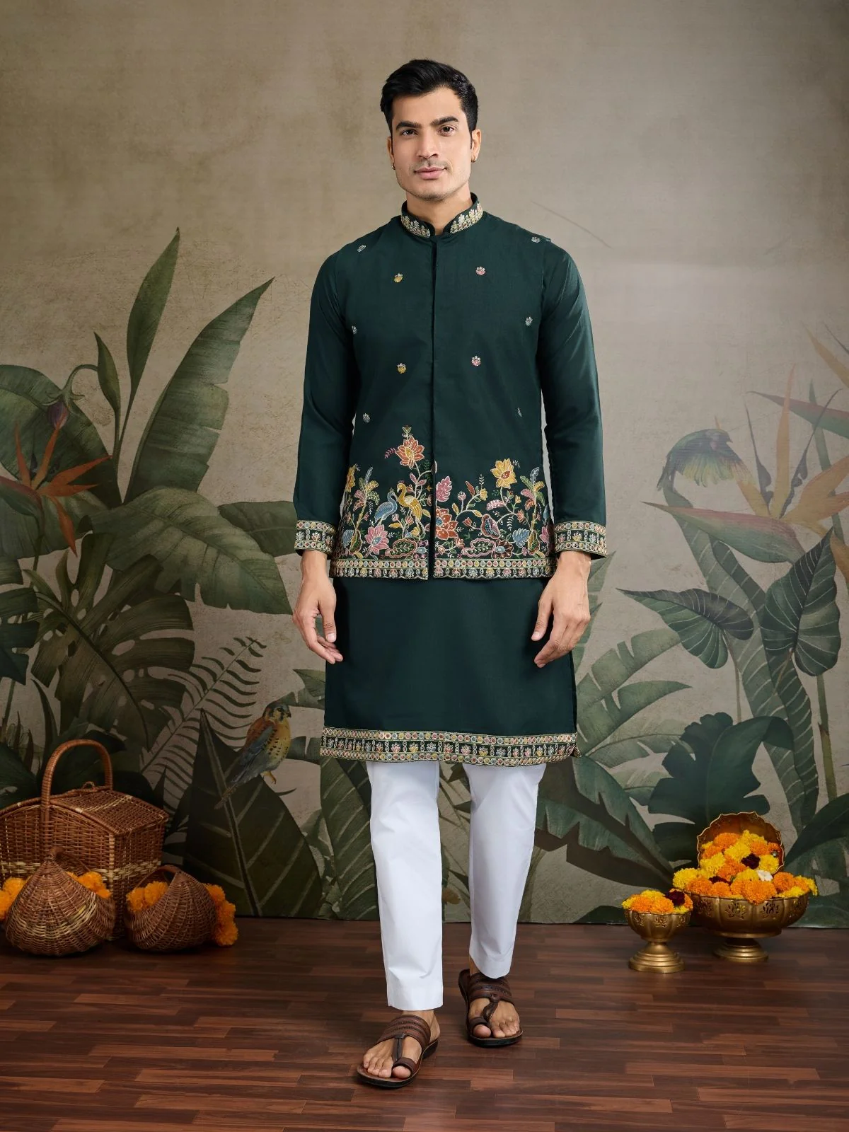 Odette Dark Green Cotton Blend Embroidered Stitched Kurta For Men