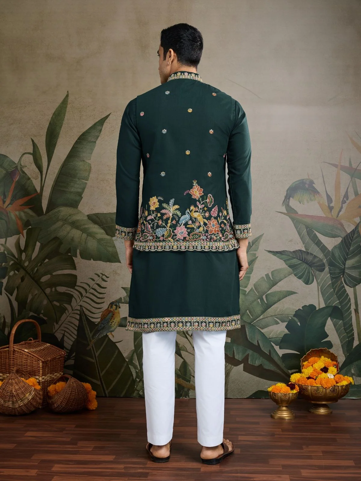 Odette Dark Green Cotton Blend Embroidered Stitched Kurta For Men - Image 5