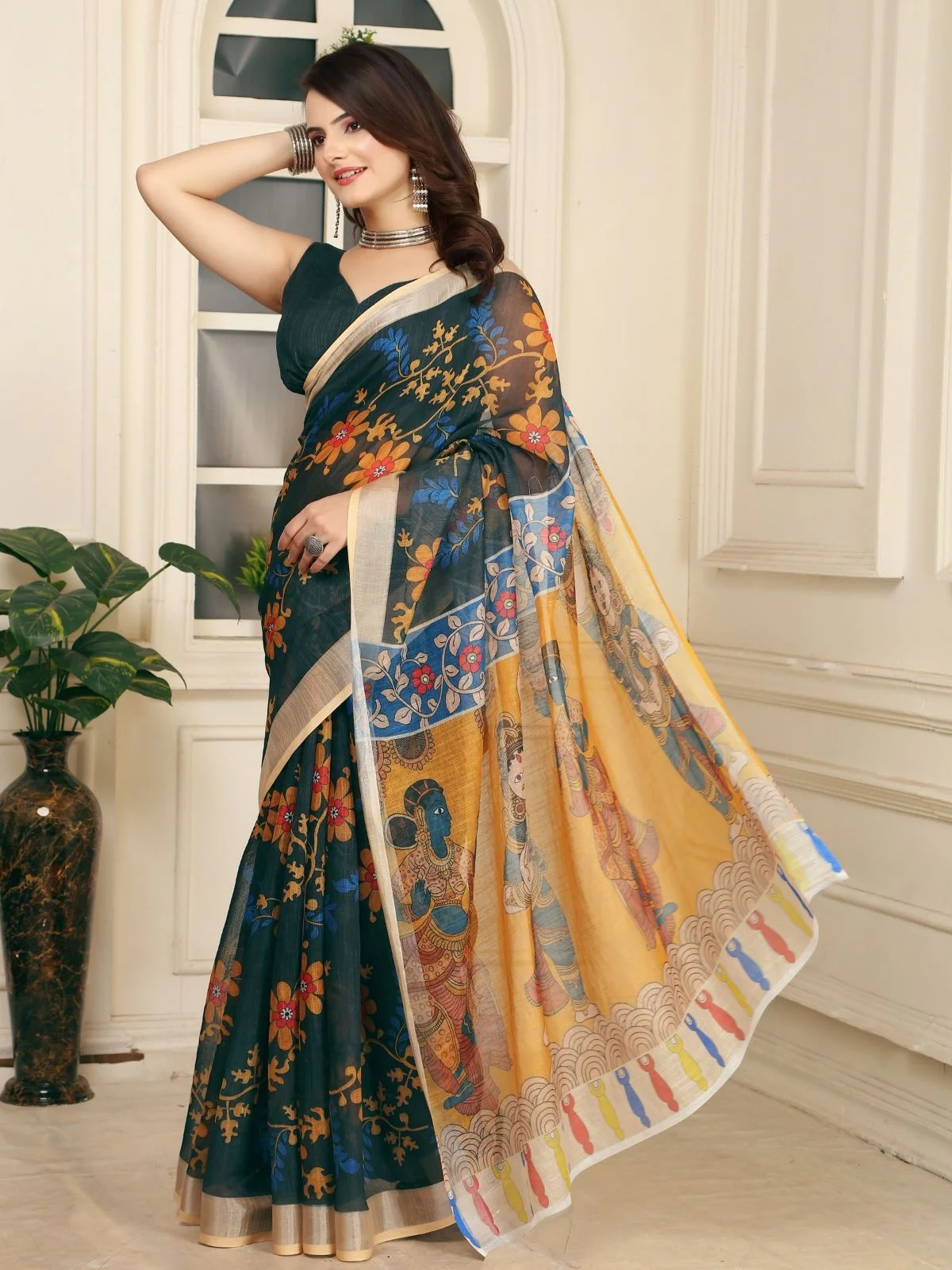 Odette Dark Green Cotton Linen Woven Printed Saree For Women - Image 2