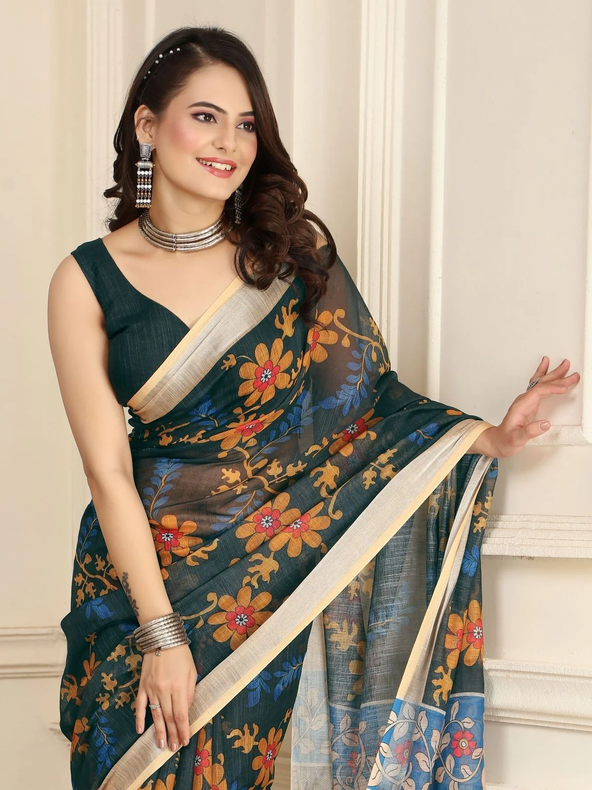 Odette Dark Green Cotton Linen Woven Printed Saree For Women - Image 4