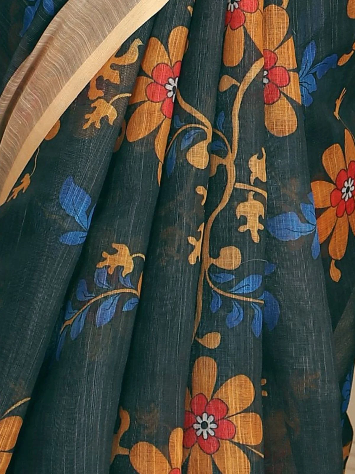 Odette Dark Green Cotton Linen Woven Printed Saree For Women - Image 5