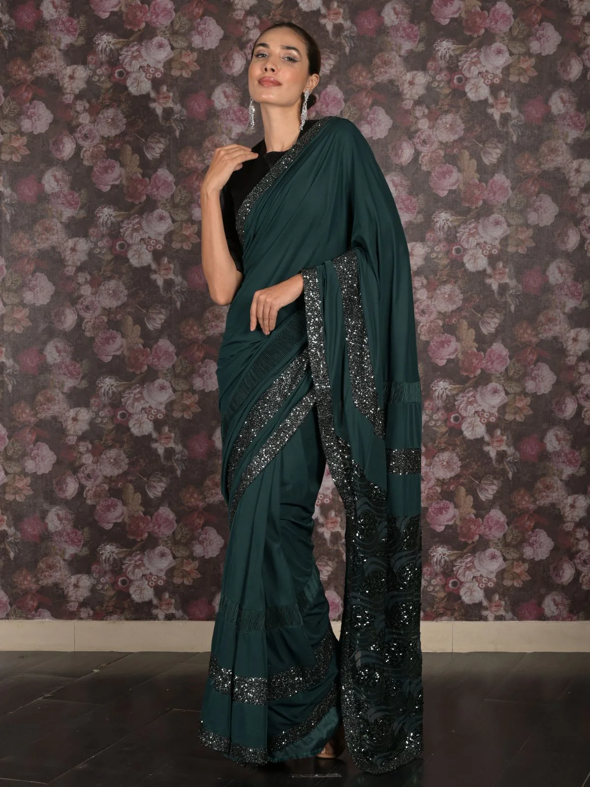 Odette Dark Green Embellished Lycra Saree With Unstitched Blouse For Women - Image 2