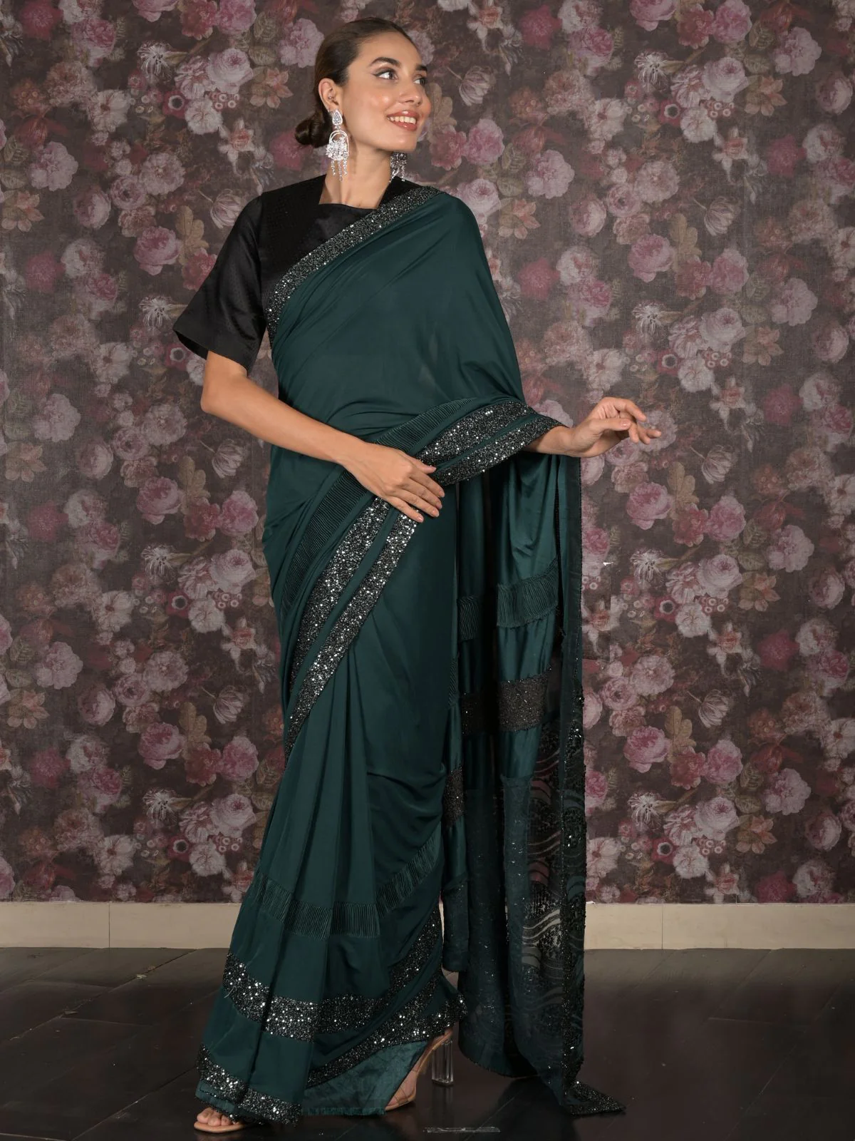 Odette Dark Green Embellished Lycra Saree With Unstitched Blouse For Women - Image 3