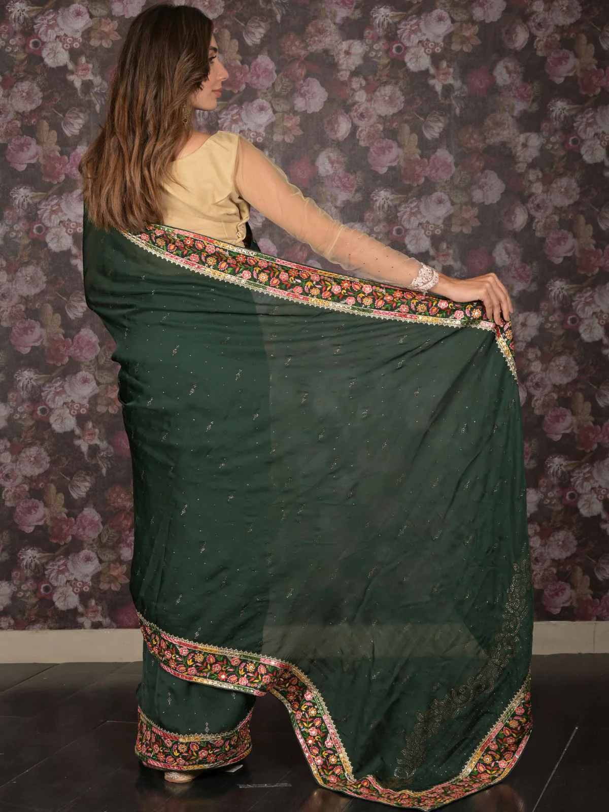 Odette Dark Green Embellished Satin Saree with Unstitched Blouse for Women - Image 4