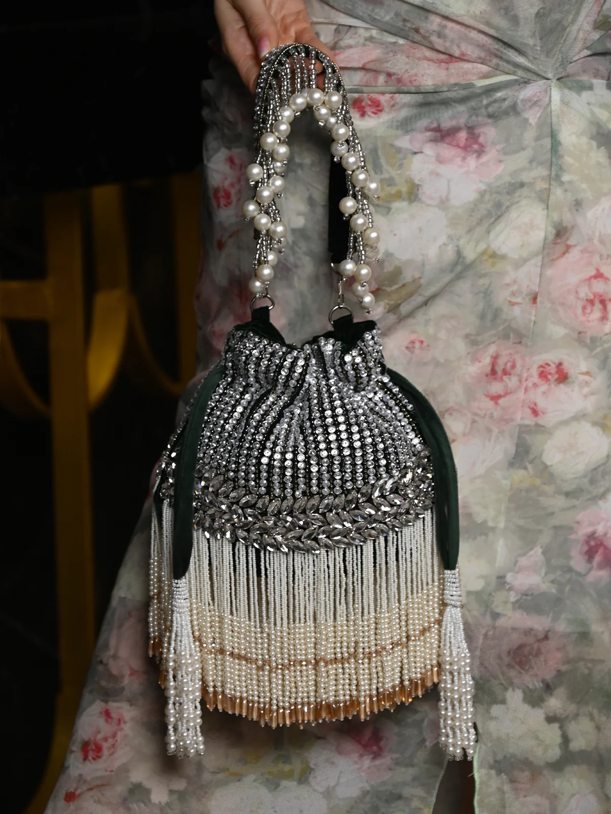 Odette Dark Green Embroidered Bridal Potli Bag with Tassels For Women - Image 2