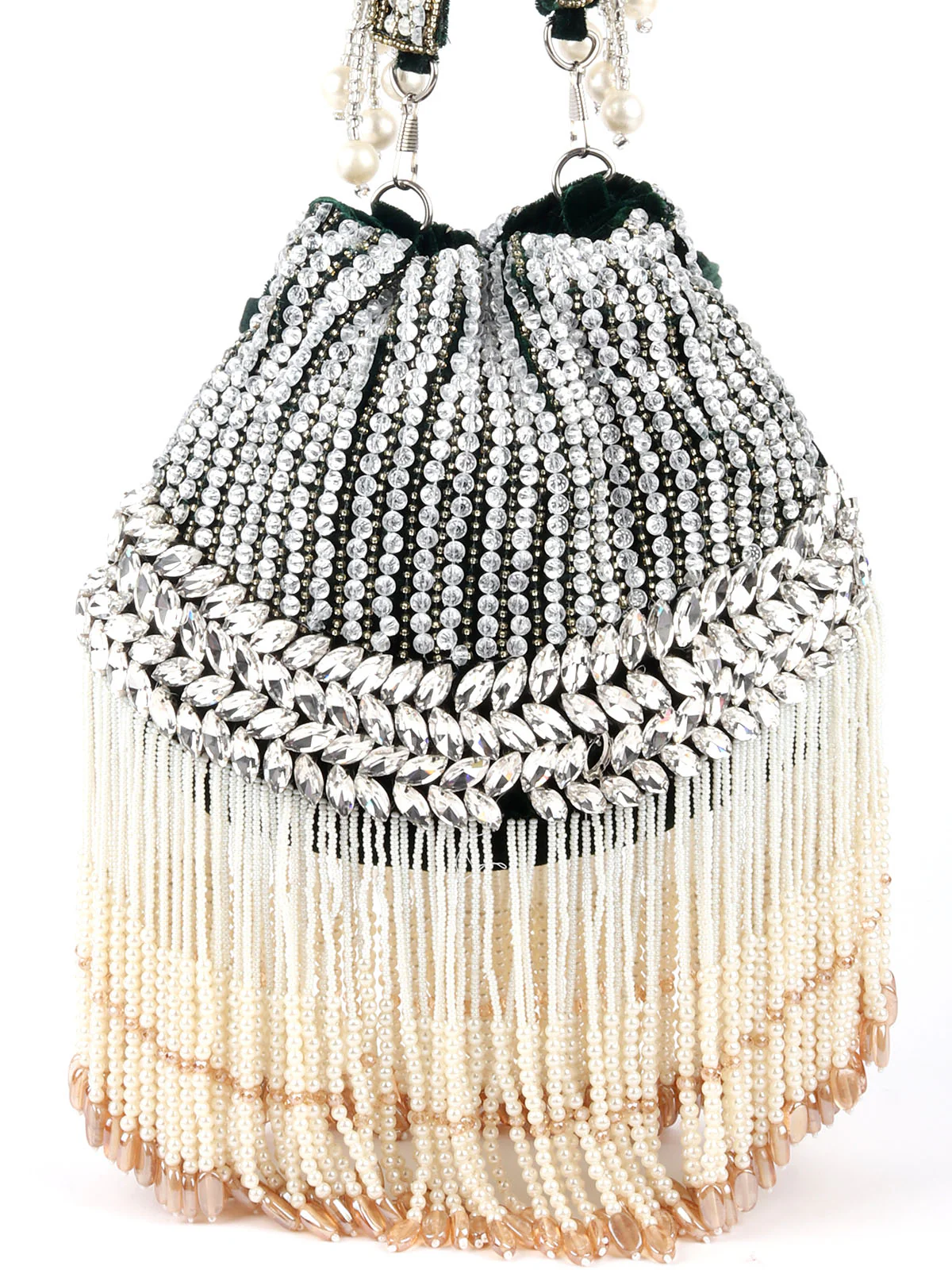 Odette Dark Green Embroidered Bridal Potli Bag with Tassels For Women - Image 5