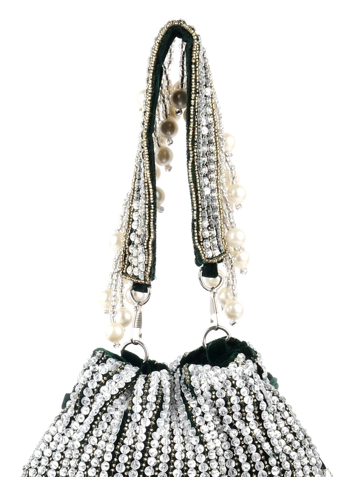 Odette Dark Green Embroidered Bridal Potli Bag with Tassels For Women - Image 6