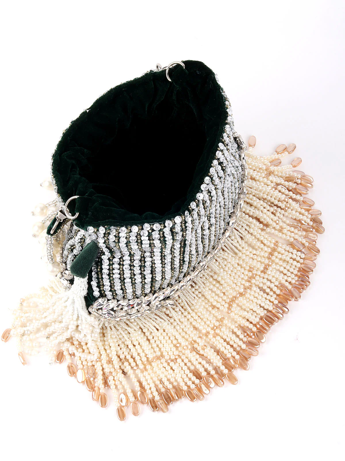 Odette Dark Green Embroidered Bridal Potli Bag with Tassels For Women - Image 7