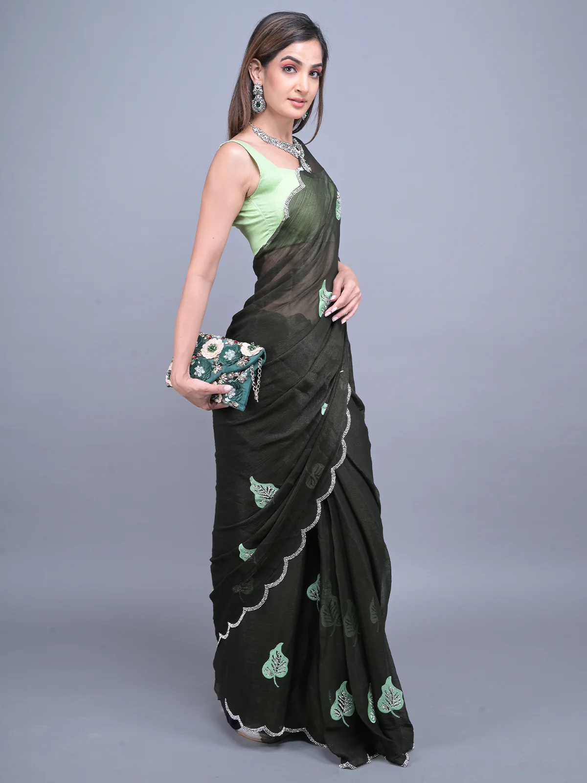 Odette Dark Green Embroidered Chiffon Silk Saree with Unstitched Blouse for Women - Image 2