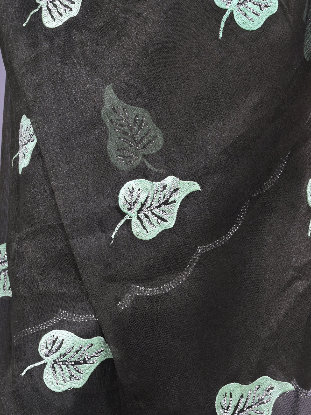 Odette Dark Green Embroidered Chiffon Silk Saree with Unstitched Blouse for Women - Image 5