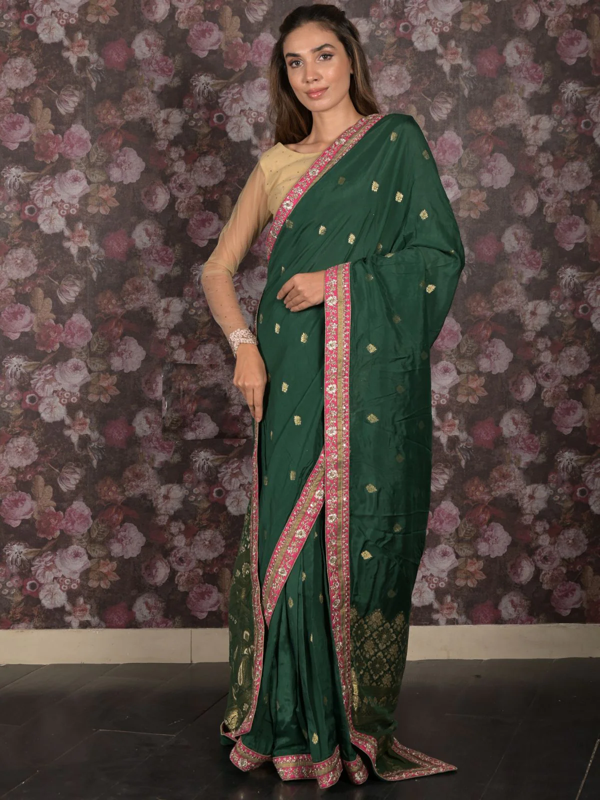 Odette Dark Green Embroidered Crepe Saree with Unstitched Blouse for Women - Image 2