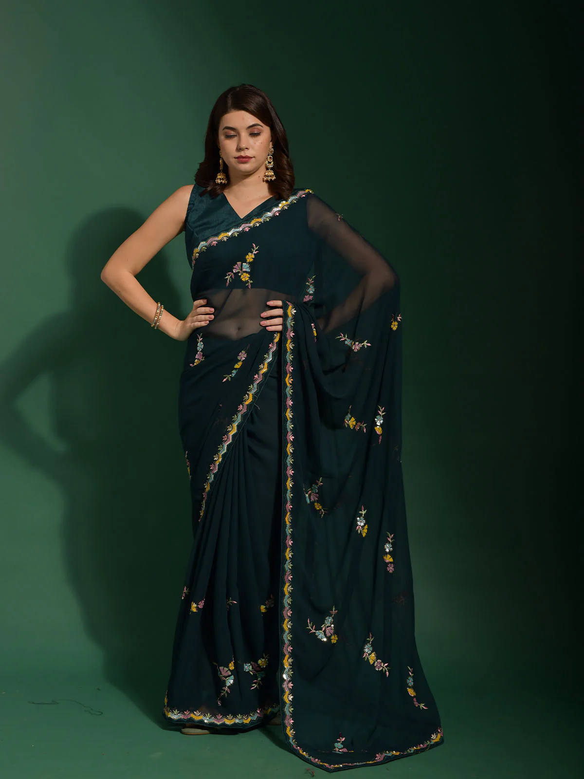 Odette Dark Green Embroidered Georgette Saree With Unstitched Blouse For Women - Image 2
