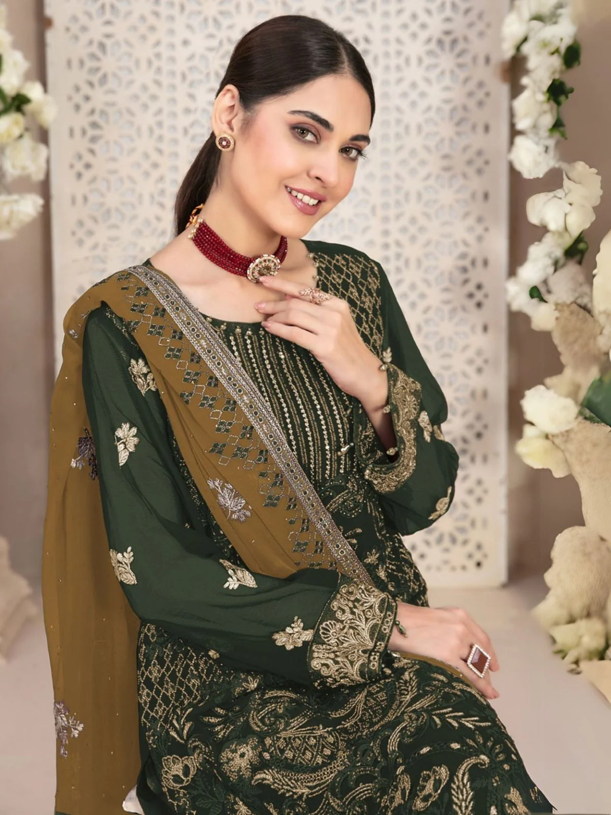 Odette Dark Green Embroidered Georgette Semi-Stitched Kurta Set For Women - Image 2