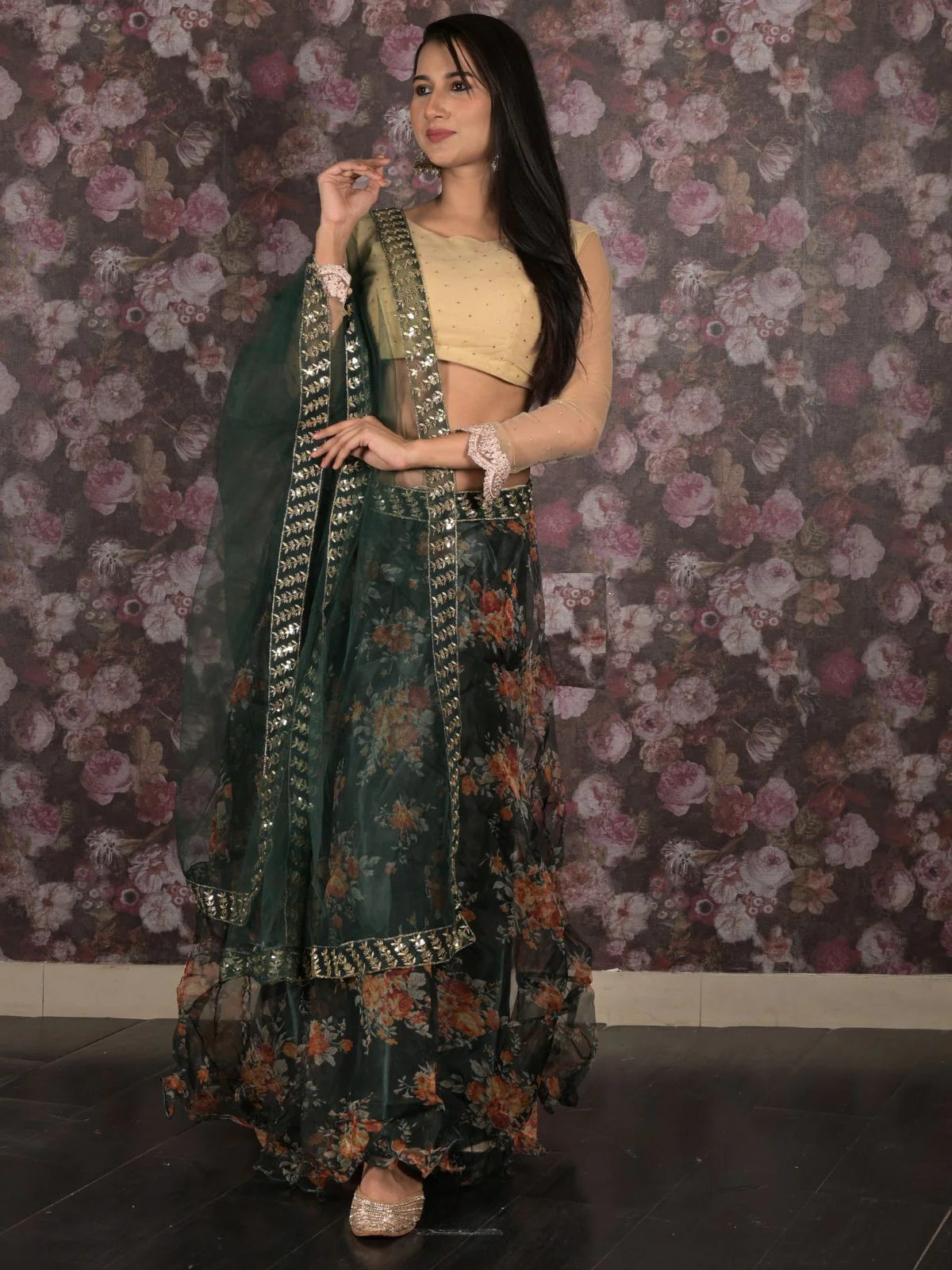 Odette Dark Green Embroidered Lehenga Set With Dupatta And Unstitched Blouse For Women - Image 2