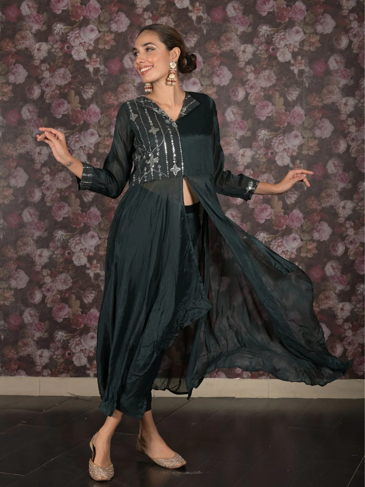 Odette Dark Green Embroidered Long Stitched Kurta Set For Women - Image 2