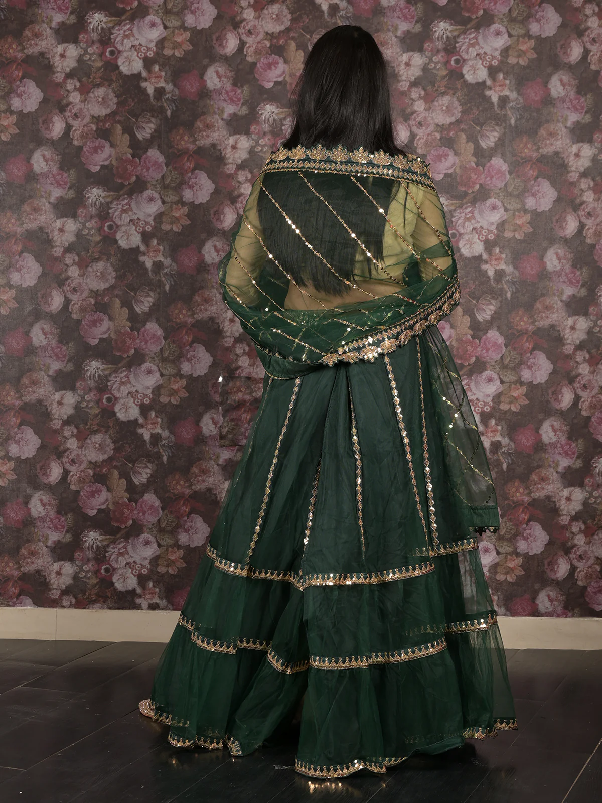 Odette Dark Green Embroidered Semi Stitched Net Lehenga Set With Dupatta And Unstitched Blouse For Women - Image 3