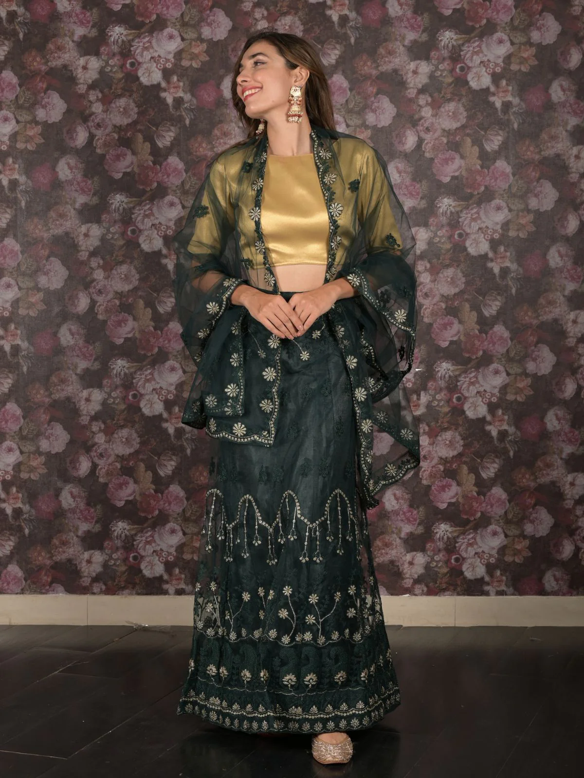 Odette Dark Green Embroidered Semi-Stitched Net Lehenga with Unstitched Blouse for Women - Image 2