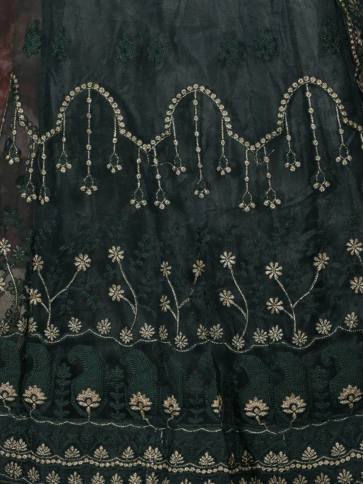 Odette Dark Green Embroidered Semi-Stitched Net Lehenga with Unstitched Blouse for Women - Image 5