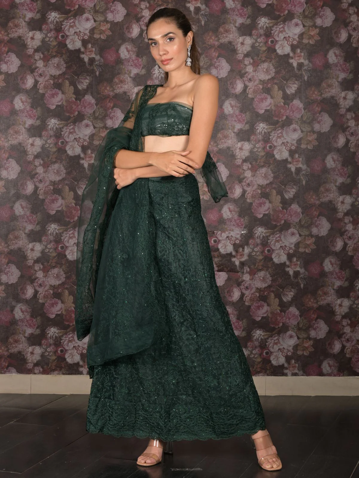 Odette Dark Green Embroidered Semi-Stitched Net Lehenga with Unstitched Blouse for Women - Image 3