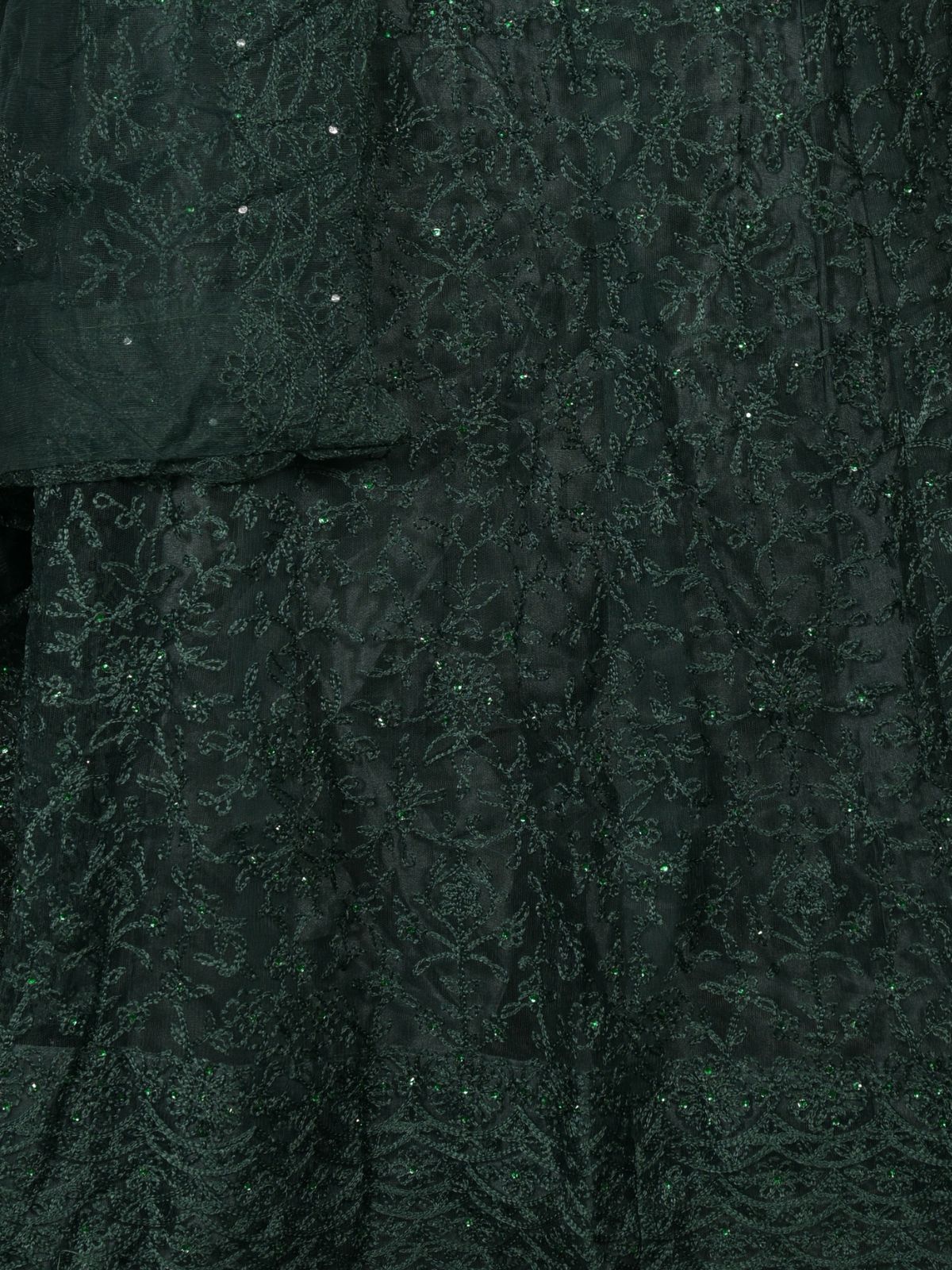 Odette Dark Green Embroidered Semi-Stitched Net Lehenga with Unstitched Blouse for Women - Image 5