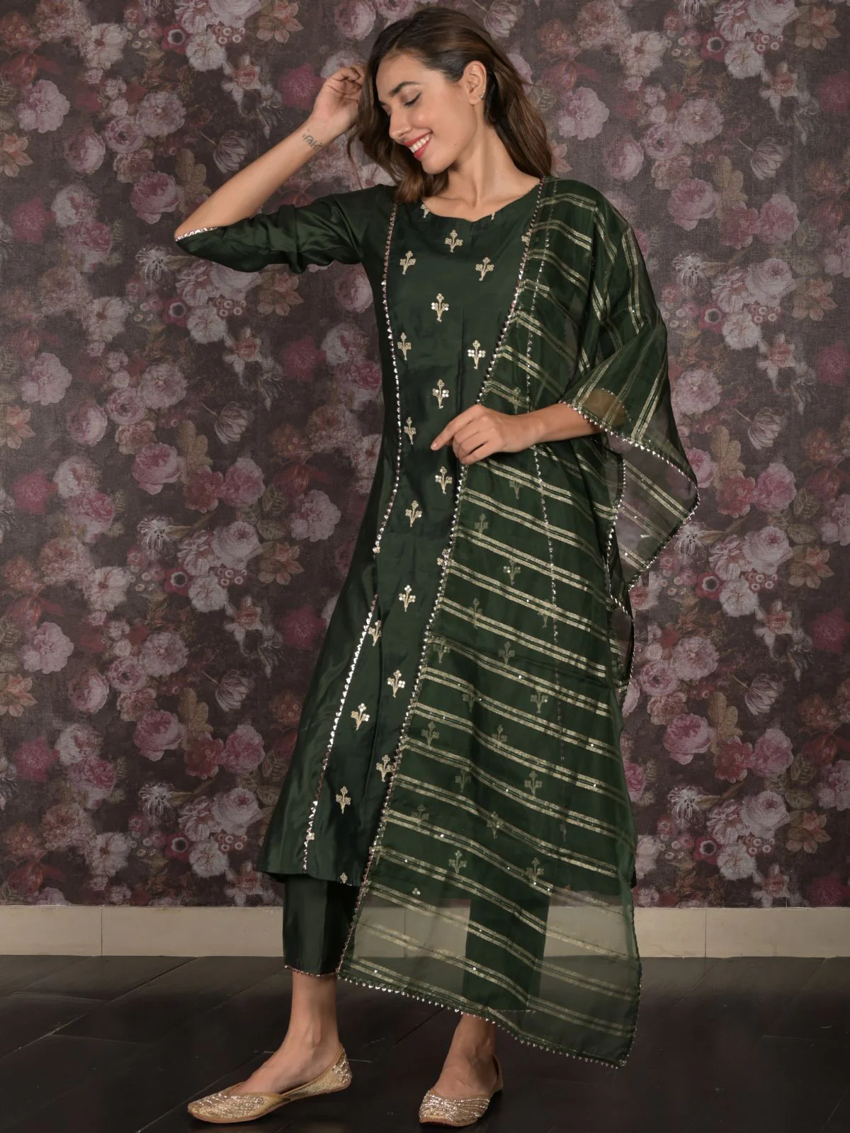 Odette Dark Green Embroidered Stitched Cotton Blend Kurta Set for Women - Image 2