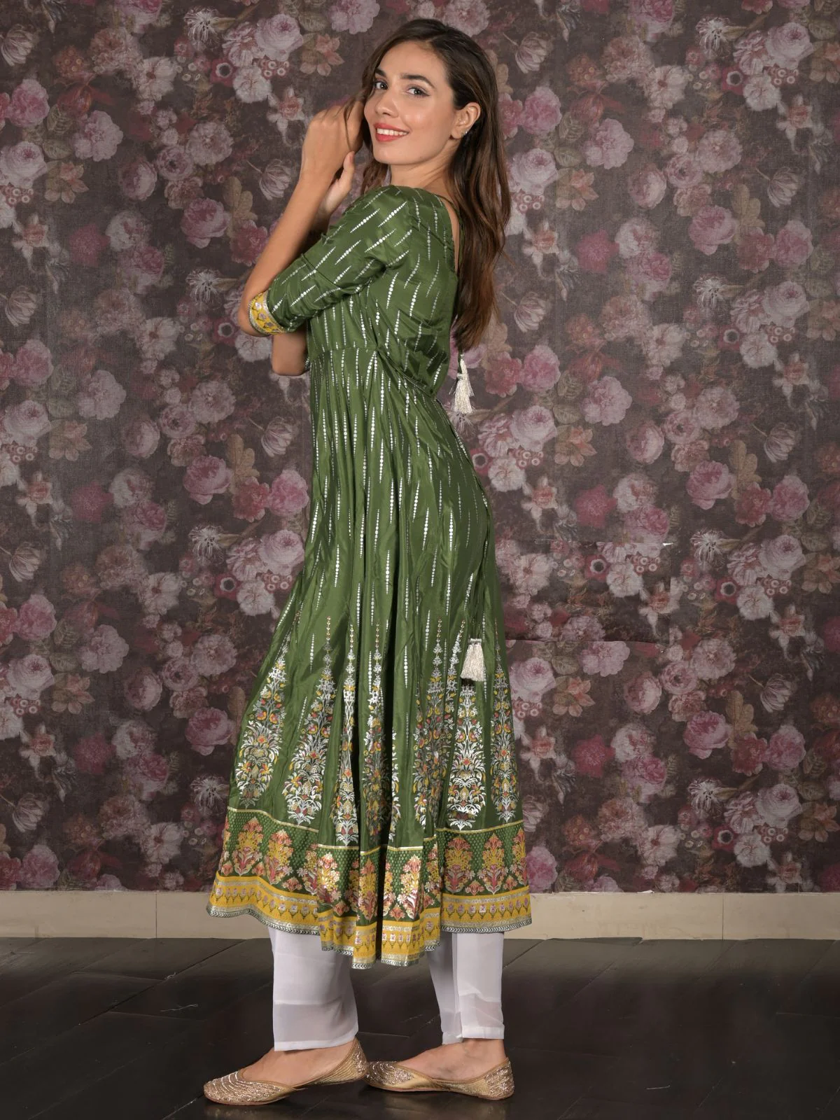 Odette Dark Green Flared Embroidered Stitched Kurta For Women - Image 3