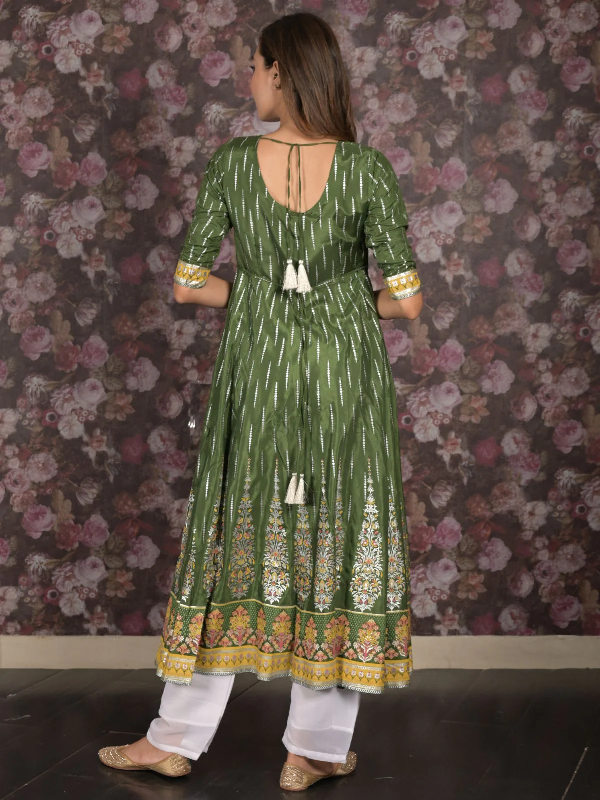 Odette Dark Green Flared Embroidered Stitched Kurta For Women - Image 4