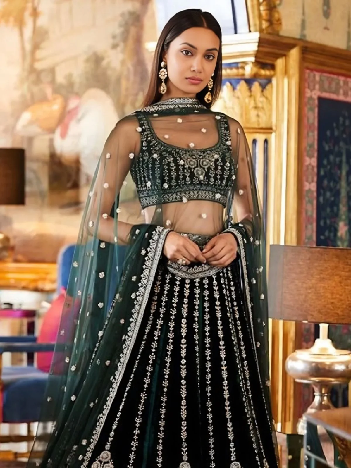Odette Dark Green Georgette Embroidered Semi-Stitched Lehenga For Women - Image 2